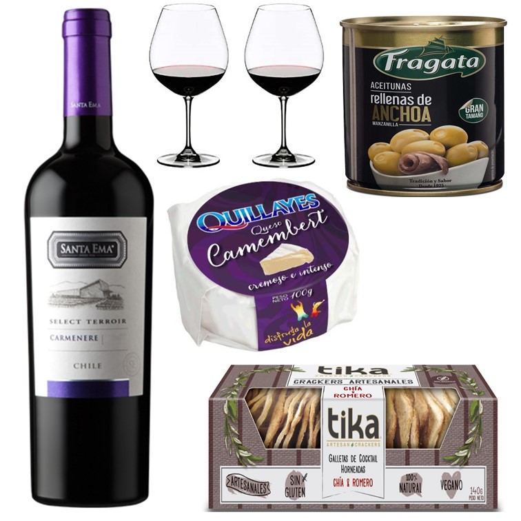 Vino 750 cc, Queso camembert, Galletas Crackers Artesanales, Aceitunas y Copas